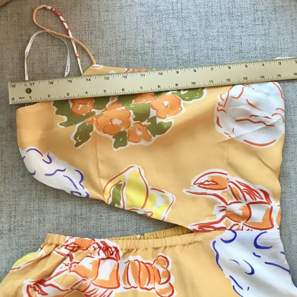 🦀 SABO Aliza Assymmetrical Cut-Out Fit and Flare Maxi Dress Ciao Yellow Print S - Picture 12 of 16